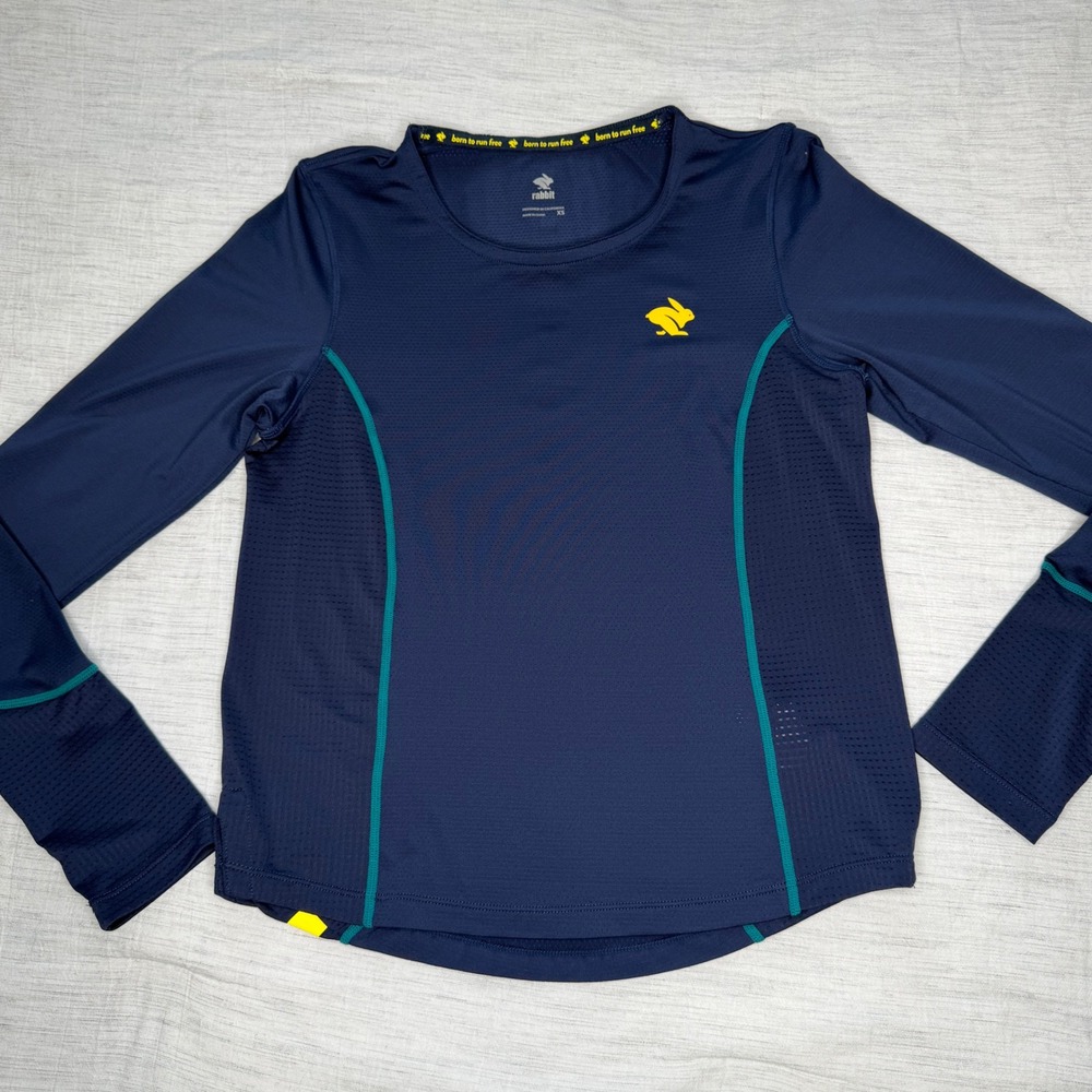 Rabbit Womens XS Navy Blue Long Sleeve Running Top RW599 Mesh Athletic Gym